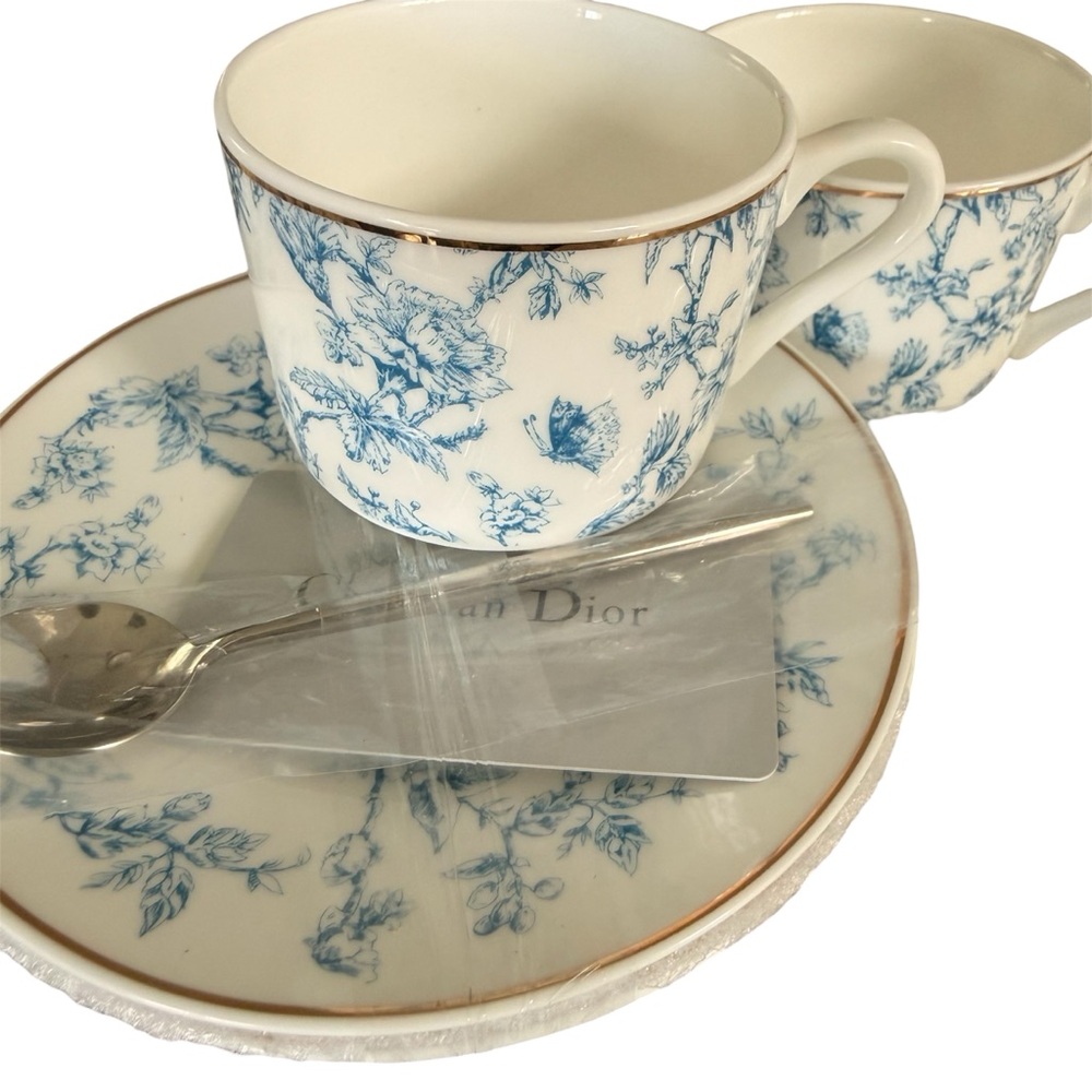2 Dior Teacup and Saucer Sets with 1 Spoon